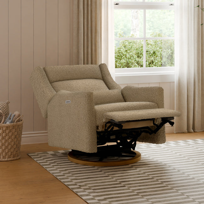 M11278LTDB,Babyletto,Kiwi Plus Chair and a Half Power Glider Recliner in Latte Teddy Loop w/ Dark Wood Base