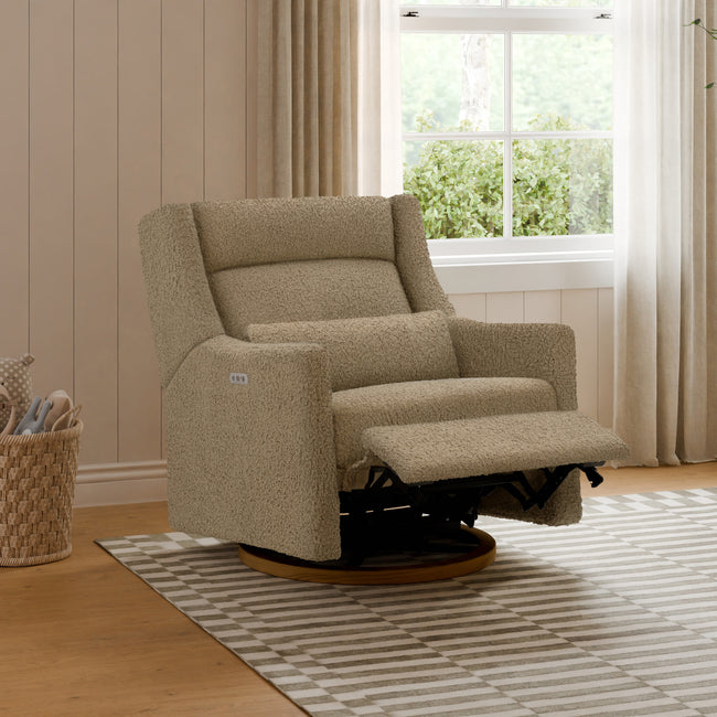 M11278LTDB,Babyletto,Kiwi Plus Chair and a Half Power Glider Recliner in Latte Teddy Loop w/ Dark Wood Base