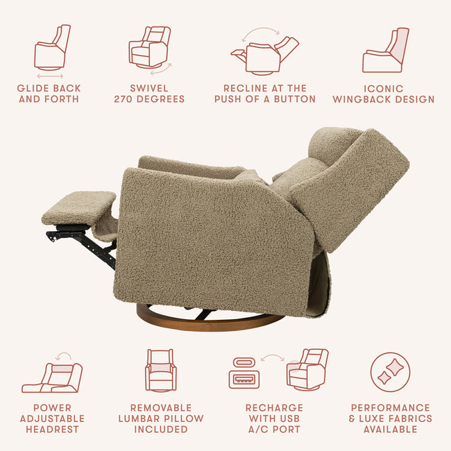 M11278LTDB,Babyletto,Kiwi Plus Chair and a Half Power Glider Recliner in Latte Teddy Loop w/ Dark Wood Base