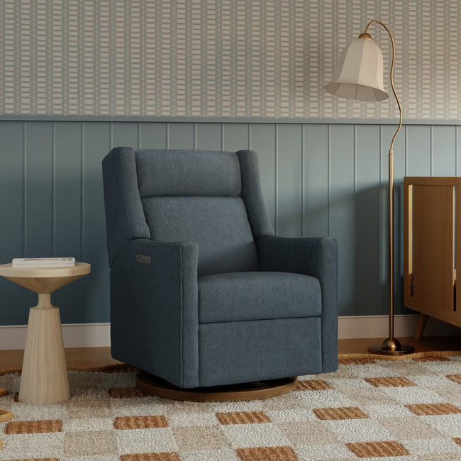 M11282OECDB,Babyletto,Kiwi Pro Power Glider Recliner w/ Power Lumbar in Performance Ocean Eco-Chenille w/Dark WoodBase