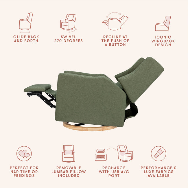 M11288OBLB,Babyletto,Kiwi Glider Recliner w/ Electronic Control and USB in Olive Boucle w/Light Wood Base