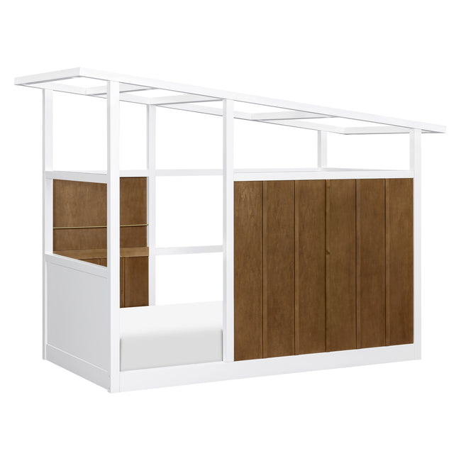 M15976NLW,Babyletto Kids,Palma Mid-Century House Twin Bed in Natural Walnut and White