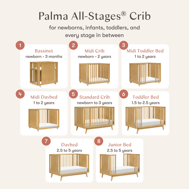 M15980HY,Babyletto,Palma 8-in-1 Convertible All-Stages® Crib w/ Bassinet & Toddler Bed Kits in Honey
