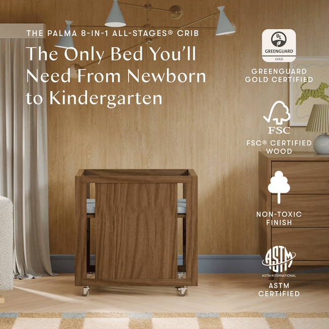 M15980NL,Babyletto,Palma 8-in-1 Convertible All-Stages® Crib w/ Bassinet & Toddler Bed Kits in Natural Walnut