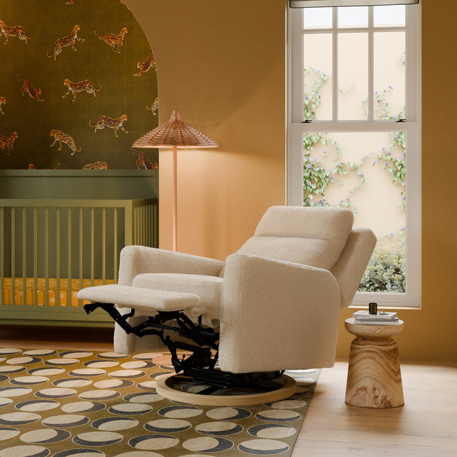 M23082ATLB,Babyletto,Sigi Pro Power Glider Recliner w/ Power Lumbar in Almond Teddy Loop w/Light Wood Base