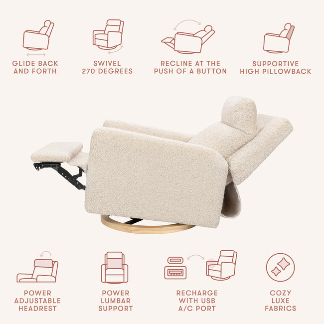 M23082ATLB,Babyletto,Sigi Pro Power Glider Recliner w/ Power Lumbar in Almond Teddy Loop w/Light Wood Base