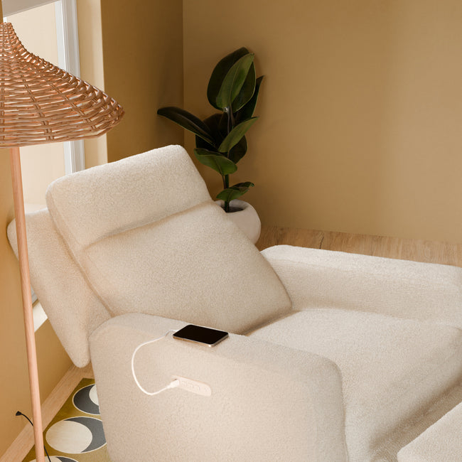 M23082ATLB,Babyletto,Sigi Pro Power Glider Recliner w/ Power Lumbar in Almond Teddy Loop w/Light Wood Base