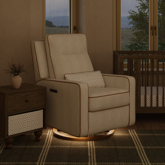 M23082BSCTB,Babyletto,Nate Berkus x Babyletto Sigi Pro Power Recliner in Perf Bronze Stripe Eco-Crossweave w/Toffee Base