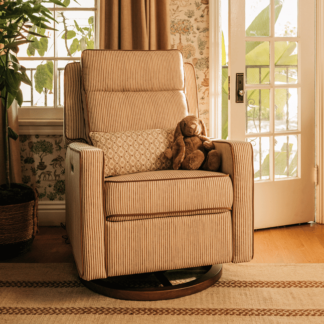 M23082BSCTB,Babyletto,Nate Berkus x Babyletto Sigi Pro Power Recliner in Perf Bronze Stripe Eco-Crossweave w/Toffee Base