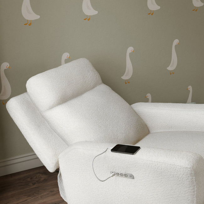 M23082CMSGLB,Babyletto,Sigi Pro Power Glider Recliner w/ Power Lumbar in Cream Shearling w/Light Wood Base