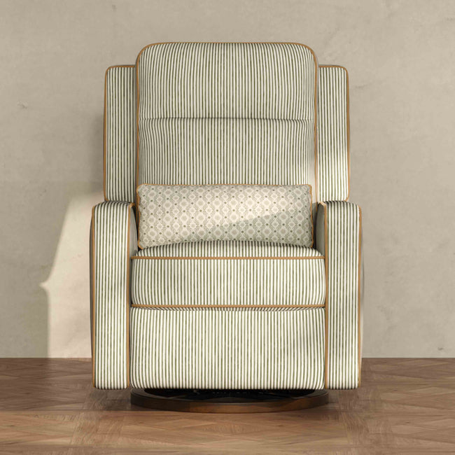 M23082OSCTB,Babyletto,Nate Berkus x Babyletto Sigi Pro Power Recliner in Perf Olive Stripe Eco-Crossweave w/Toffee Base