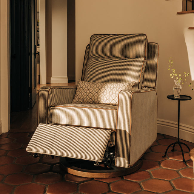 M23082OSCTB,Babyletto,Nate Berkus x Babyletto Sigi Pro Power Recliner in Perf Olive Stripe Eco-Crossweave w/Toffee Base