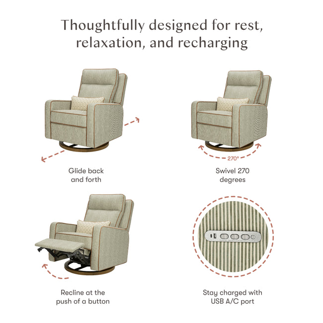 M23082OSCTB,Babyletto,Nate Berkus x Babyletto Sigi Pro Power Recliner in Perf Olive Stripe Eco-Crossweave w/Toffee Base