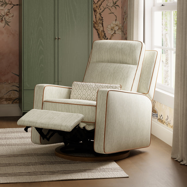 M23082OSCTB,Babyletto,Nate Berkus x Babyletto Sigi Pro Power Recliner in Perf Olive Stripe Eco-Crossweave w/Toffee Base