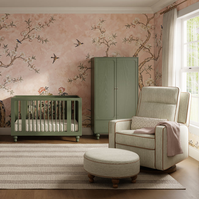M23082OSCTB,Babyletto,Nate Berkus x Babyletto Sigi Pro Power Recliner in Perf Olive Stripe Eco-Crossweave w/Toffee Base