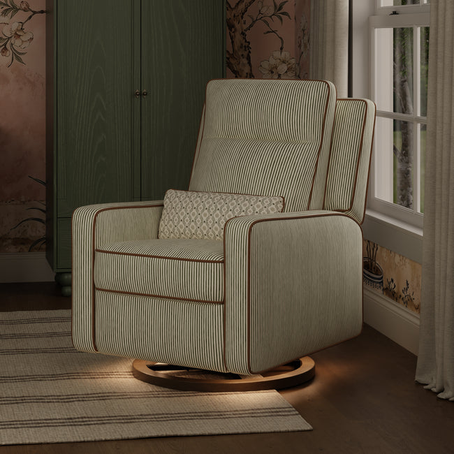 M23082OSCTB,Babyletto,Nate Berkus x Babyletto Sigi Pro Power Recliner in Perf Olive Stripe Eco-Crossweave w/Toffee Base