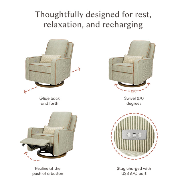 M23085OSCTB,Babyletto,Nate Berkus x Babyletto Sigi Power Recliner in Perf Olive Stripe Eco-Crossweave w/Toffee Base
