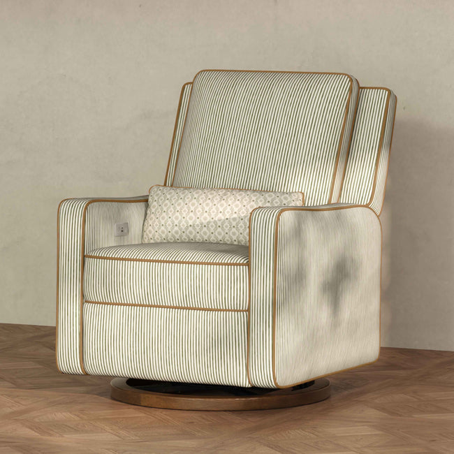 M23085OSCTB,Babyletto,Nate Berkus x Babyletto Sigi Power Recliner in Perf Olive Stripe Eco-Crossweave w/Toffee Base