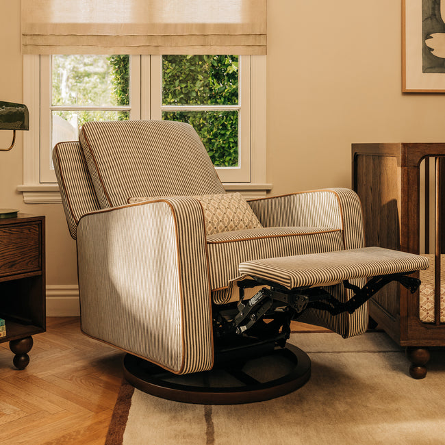 M23085OSCTB,Babyletto,Nate Berkus x Babyletto Sigi Power Recliner in Perf Olive Stripe Eco-Crossweave w/Toffee Base