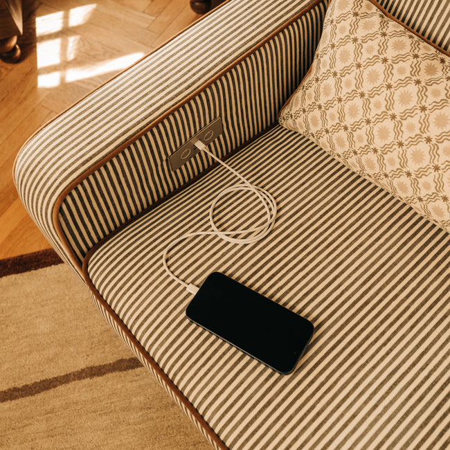M23085OSCTB,Babyletto,Nate Berkus x Babyletto Sigi Power Recliner in Perf Olive Stripe Eco-Crossweave w/Toffee Base