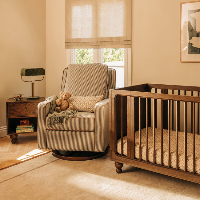 M23085OSCTB,Babyletto,Nate Berkus x Babyletto Sigi Power Recliner in Perf Olive Stripe Eco-Crossweave w/Toffee Base