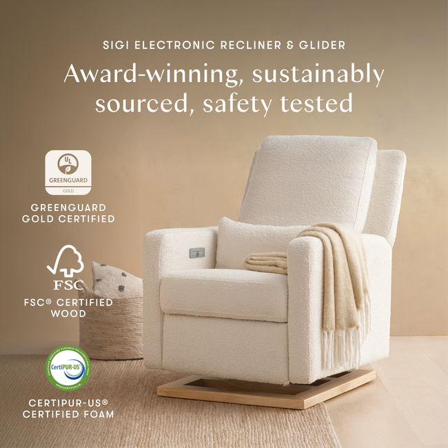 M23085WBLB,Babyletto,Sigi Glider Recliner w/ Electronic Control and USB in Ivory Boucle w/Light Wood Base
