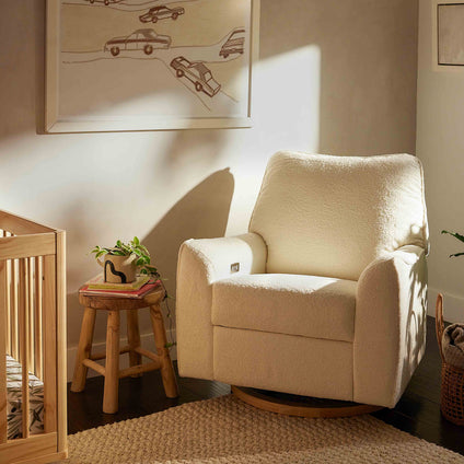 M24087CSHLB,Nursery Works,Sunday Power Recliner and Swivel Glider in Chantilly Fleece w/ Light Wood Base