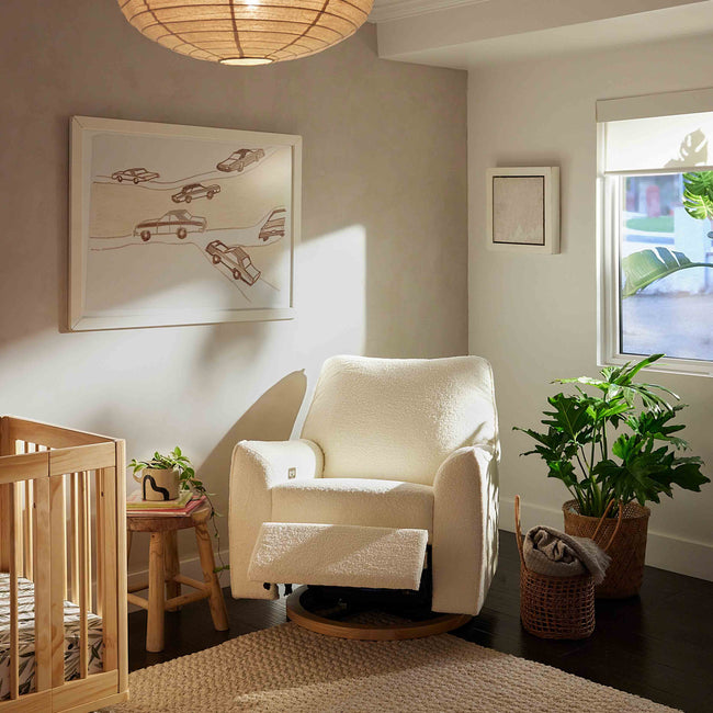 M24087CSHLB,Nursery Works,Sunday Power Recliner and Swivel Glider in Chantilly Fleece w/ Light Wood Base