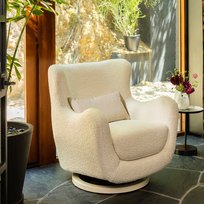 M24187WBIB,Nursery Works,Solstice Swivel Glider in Ivory Boucle w/Ivory Wood Base