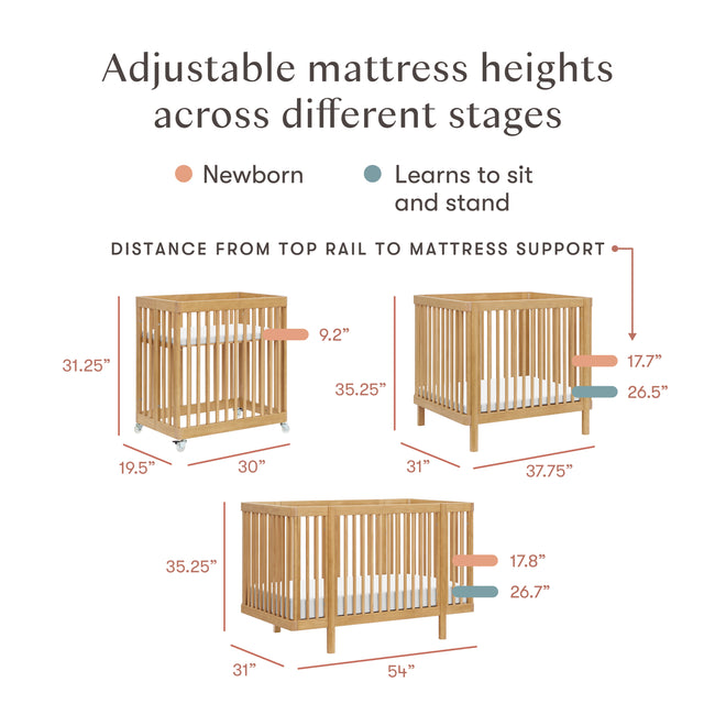 M29880HY,Babyletto,Pogo 8-in-1 Convertible Crib w/ Bassinet & Toddler Bed Kits in Honey