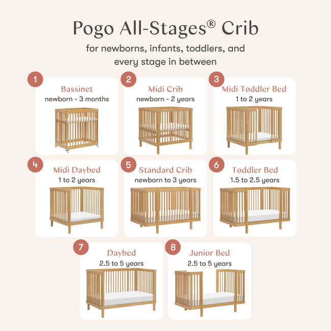 M29880HY,Babyletto,Pogo 8-in-1 Convertible Crib w/ Bassinet & Toddler Bed Kits in Honey