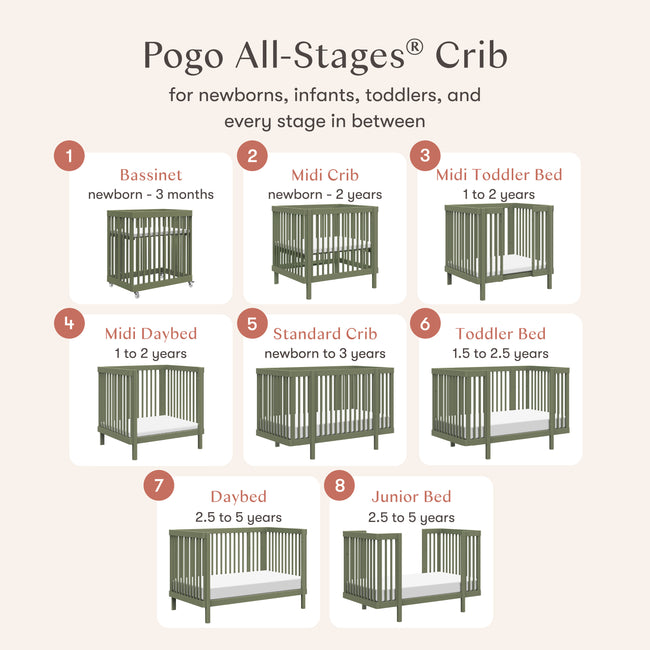 M29880OL,Babyletto,Pogo 8-in-1 Convertible Crib w/All-Stages Conversion Kits in Olive
