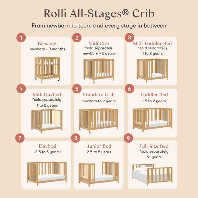 M30880HY,Babyletto,Rolli 9-in-1 Convertible All-Stages® Crib w/ Bassinet & Toddler Bed Kits in Honey