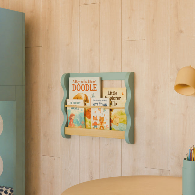 M31130LSHY,Babyletto Kids,Lido Wave Book Rack in Light Sage and Honey