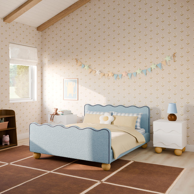 M31396PSBBY,Babyletto Kids,Rizo Full Bed in Performance Sky Boucle w/Blueberry Piping