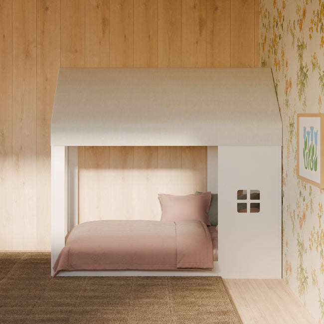 M32830FCS,Babyletto Kids,Uchi Montessori-Inspired House Twin Bed Canopy in Fog Chatham Stripe Eco-Weave