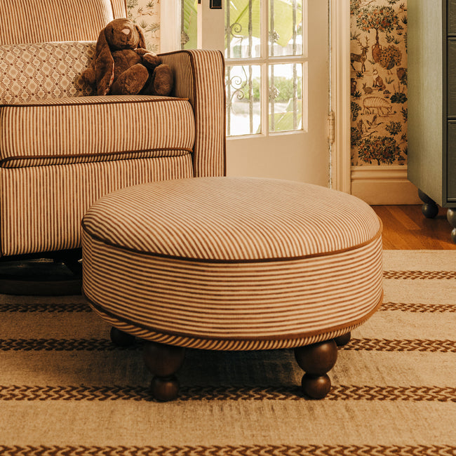 M33385BSCTF,Babyletto,Nate Berkus x Babyletto Astre Ottoman in Perf Bronze Stripe Eco-Crossweave w/Toffee feet