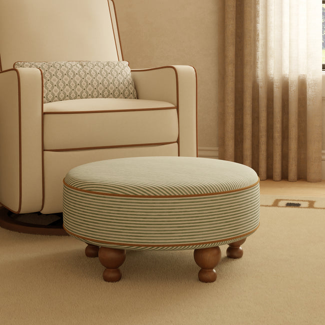 M33385OSCTF,Babyletto,Nate Berkus x Babyletto Astre Ottoman in Perf Olive Stripe Eco-Crossweave w/Toffee feet