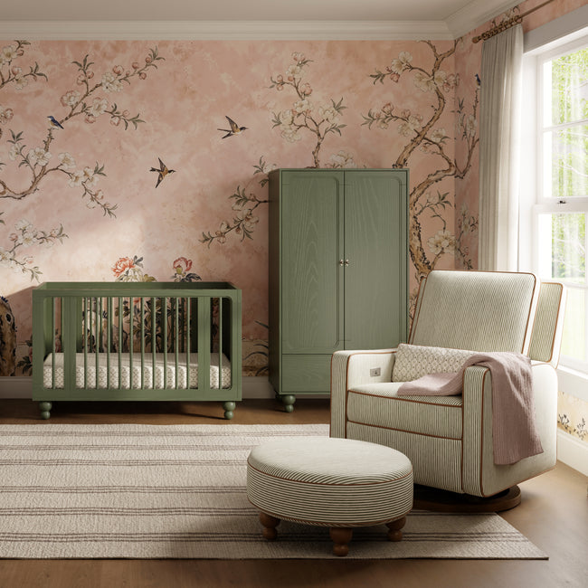 M33385OSCTF,Babyletto,Nate Berkus x Babyletto Astre Ottoman in Perf Olive Stripe Eco-Crossweave w/Toffee feet