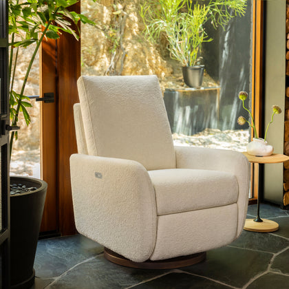 M34688PWBTB,Babyletto,Petal Glider Recliner w/Electronic Control and USB in Performance Ivory Boucle w/ Toffee Wood Base