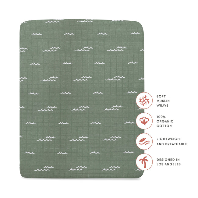 T27133,Babyletto,Ocean Waves Muslin All-Stages Midi Crib Sheet in GOTS Certified Organic Cotton