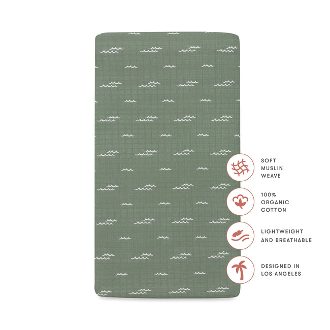 T27135,Babyletto,Ocean Waves Muslin Crib Sheet in GOTS Certified Organic Cotton