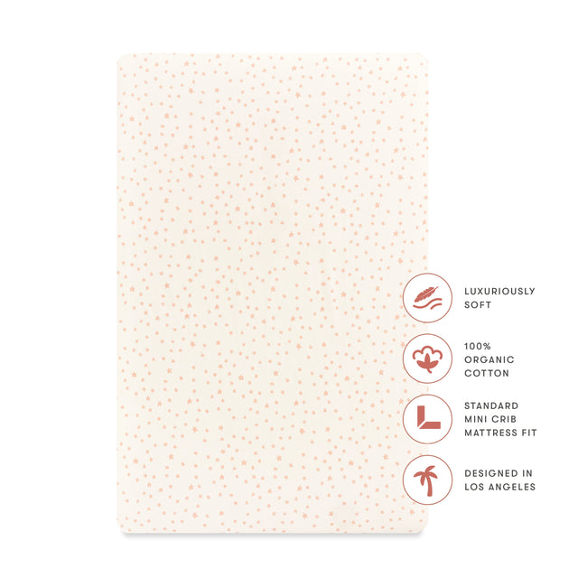 T31036IDS,Babyletto,Doodle Stars Organic Brushed Cotton Mini CribSheet in Ivory with Dusty Rose Stars