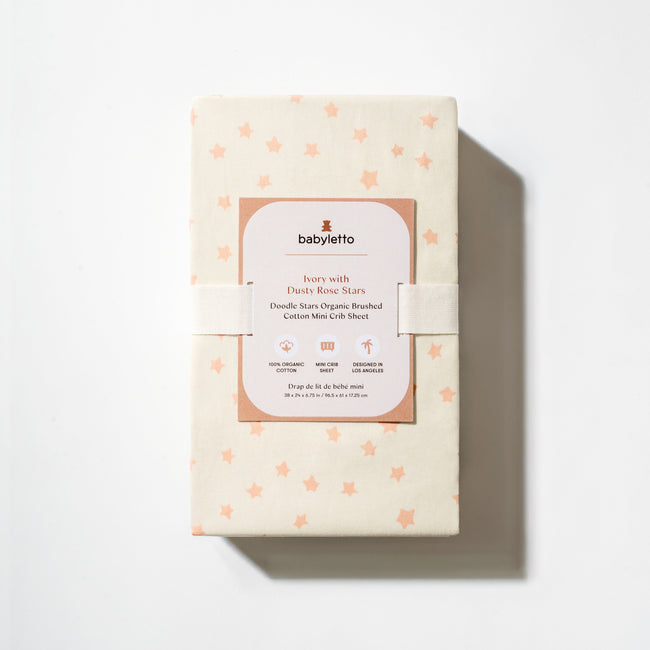 T31036IDS,Babyletto,Doodle Stars Organic Brushed Cotton Mini CribSheet in Ivory with Dusty Rose Stars