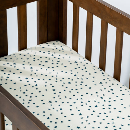 T31036IVS,Babyletto,Doodle Stars Organic Brushed Cotton Mini CribSheet in Ivory with Navy Stars