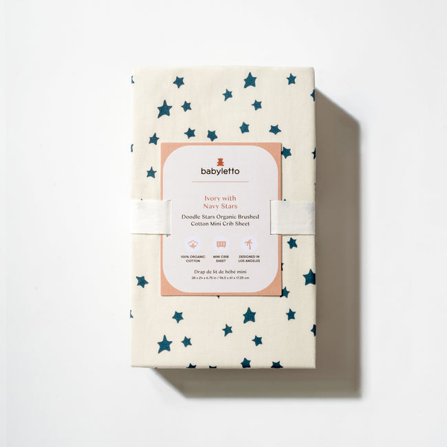 T31036IVS,Babyletto,Doodle Stars Organic Brushed Cotton Mini CribSheet in Ivory with Navy Stars