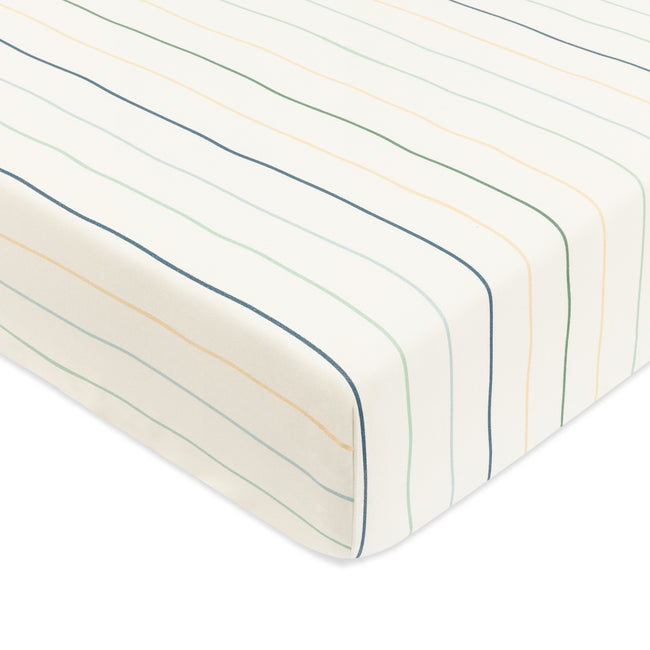 T33635ICS,Babyletto,Wonky Stripe Organic Brushed Cotton Crib Sheet in Ivory with Cool Multi-Color Stripes