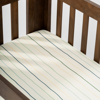 T33636ICS,Babyletto,Wonky Stripe Organic Brushed Cotton Mini CribSheet in Ivory with Cool Multi-Color Stripes