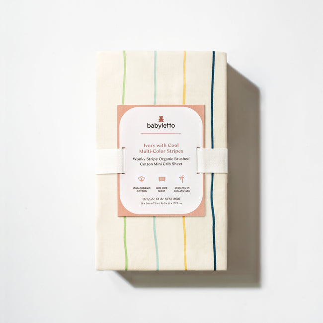 T33636ICS,Babyletto,Wonky Stripe Organic Brushed Cotton Mini CribSheet in Ivory with Cool Multi-Color Stripes