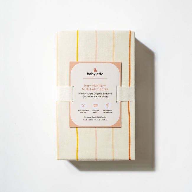 T33636IWS,Babyletto,Wonky Stripe Organic Brushed Cotton Mini CribSheet in Ivory with Warm Multi-Color Stripes